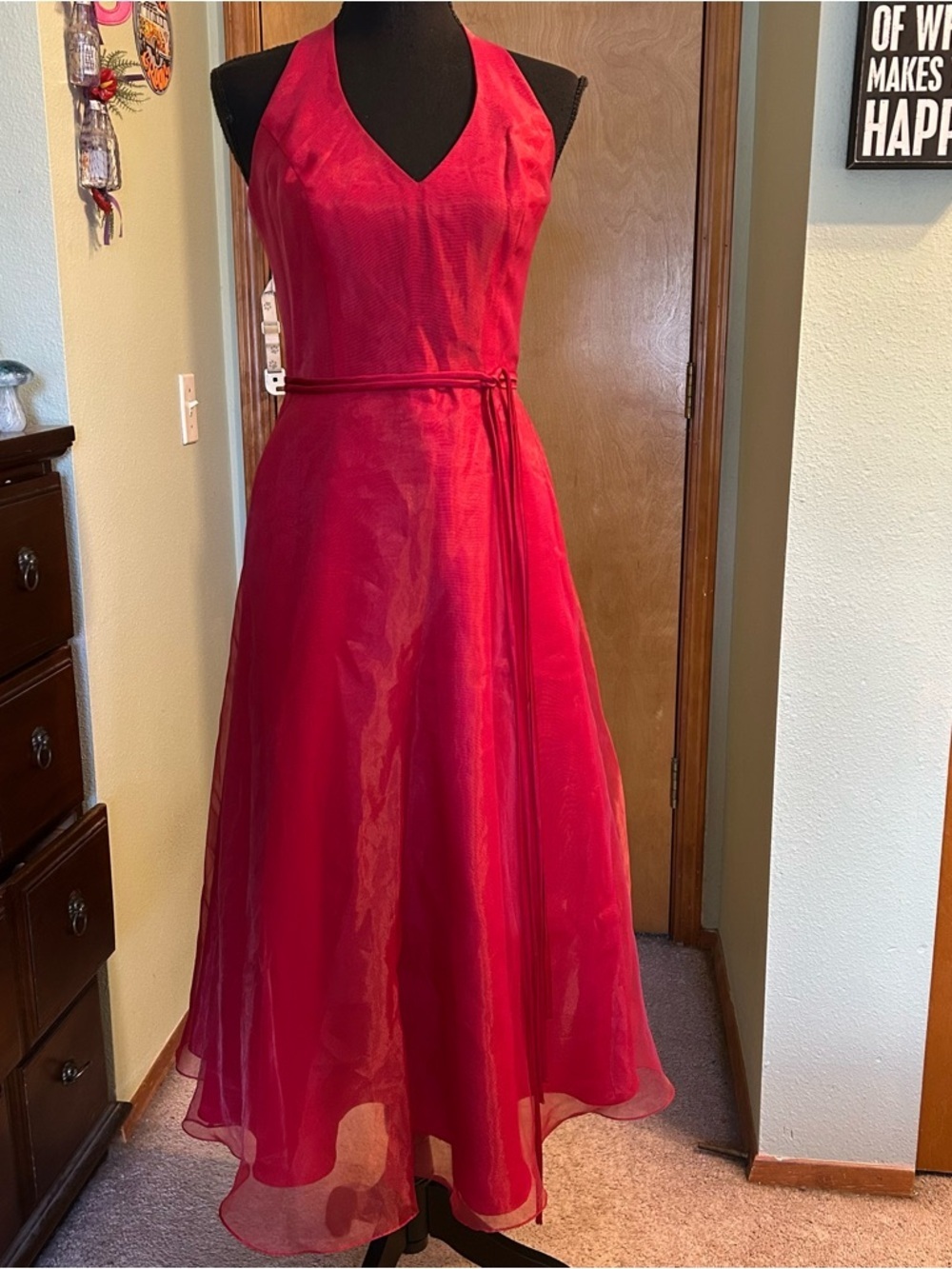 David’s Bridal vintage red satin and chiffon halter prom bridesmaid gown 4